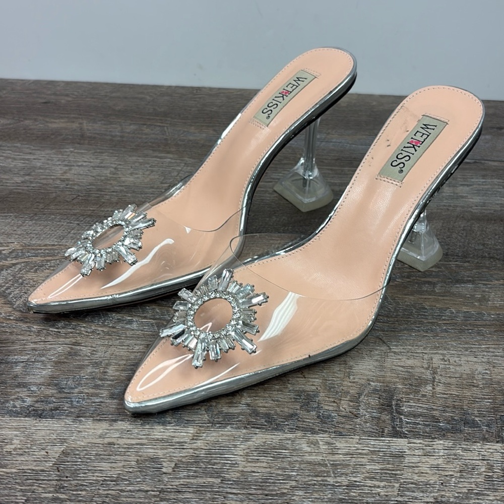 Wet Kiss Clear and Silver Stiletto Heels Size 10